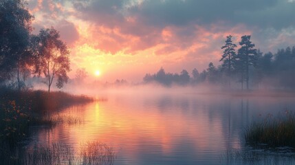Misty Sunrise Over Calm Lake With Wildflowers and Pine Trees Gentle Light Reflecting on Water