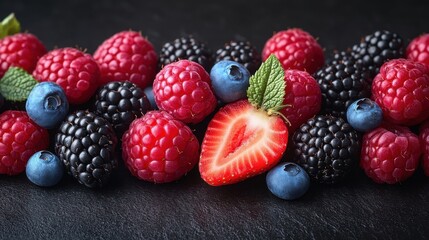 Assortment of Fresh Mixed Berries Including Strawberries Raspberries Blackberries and Blueberries