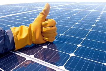 Technician in Protective Yellow Glove Giving Thumbs Up on Solar Panel Array. Concept for successful renewable energy installation, green power maintenance, and high-quality solar engineering.