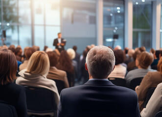 Rear View of a Focused Audience Listening to a Keynote Speaker at a Professional Business Conference. Corporate event and leadership concept for seminars, networking, or executive training.