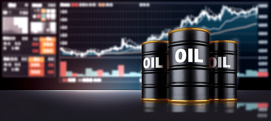 Black Oil Barrels on a Trading Floor with Blurred Stock Market Financial Charts. Global energy economy concept for petroleum price analysis, fuel trade, and crude oil investment markets.