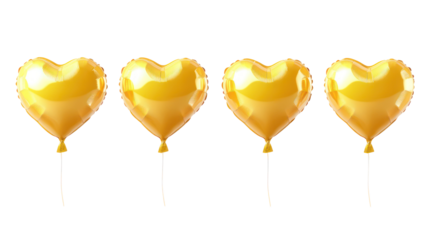 Four golden heart balloons isolated on transparent background