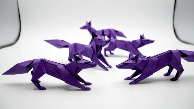 Creative paper art featuring origami foxes in striking purple arranged on a seamless white backdrop for design elements