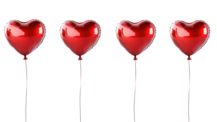 Four red heart balloons on transparent background for valentine's day decoration