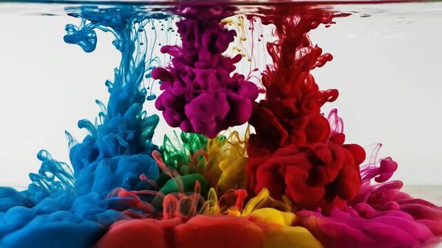 Colorful ink swirling and dissolving in water, creating vibrant abstract patterns and textures.