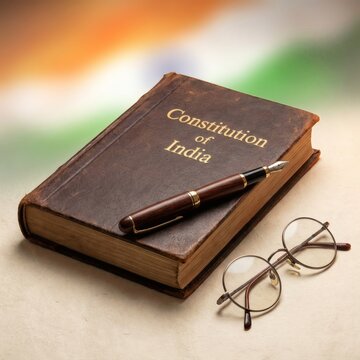 The Constitution of India book with a fountain pen and spectacles on a table with the Indian flag in the background.