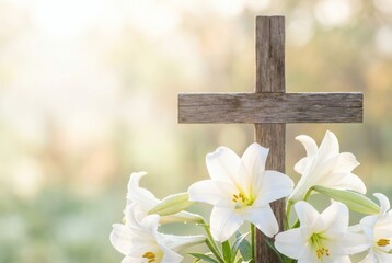 Wooden Christian cross with white Easter lilies on a soft light background. © ImagineerAI