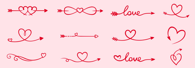 Valentine’s Day decorative arrows and lines with hearts, Cupid arrows and romantic dividers for love messages, wedding design and February 14 celebrations