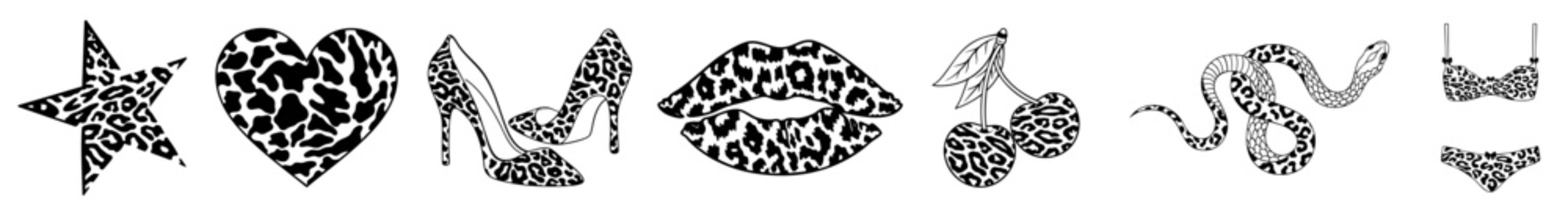 Decorative Valentine&rsquo;s Day elements with leopard print pattern, star, heart, high heels, lips, cherries, snake and bikini silhouettes, romantic animal print love symbols for fashion and February 14