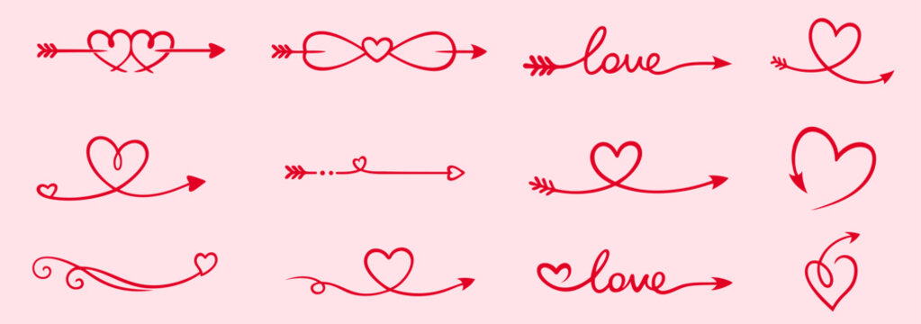 Valentine&rsquo;s Day decorative arrows and lines with hearts, Cupid arrows and romantic dividers for love messages, wedding design and February 14 celebrations