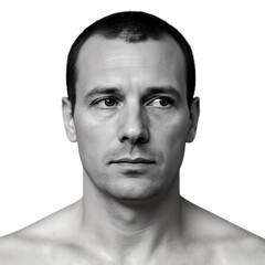 Focused young man with short hair looking directly forward