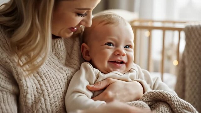 Happy Mother Cuddling and Kissing a Smiling Baby Boy, Loving Moment Indoors by Crib