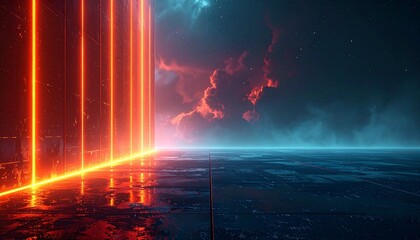 Glowing neon lines on dark metallic surface with cloudy night sky