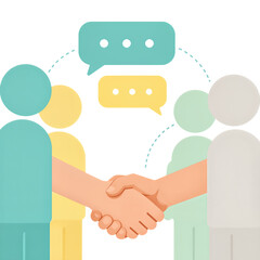 Handshake with colorful speech bubbles and abstract figures.