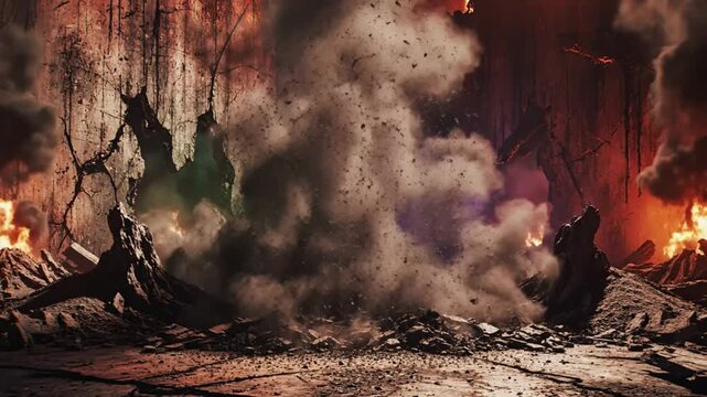 Dramatic explosion in a warzone with fire, smoke, debris, and destruction after the blast