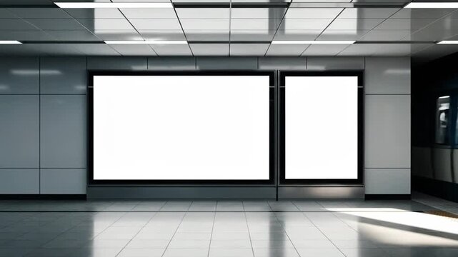Two blank advertising billboards in a modern subway station, ready for customization.