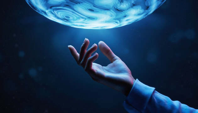 Human Hand Reaching Toward Glowing Blue Orb Above. - Powered by Adobe
