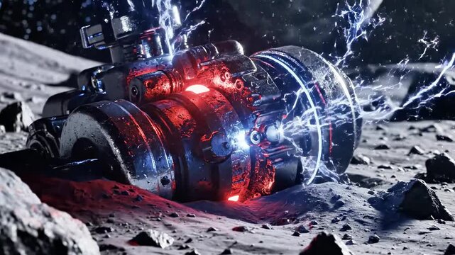 A futuristic robotic device lies broken on the lunar surface