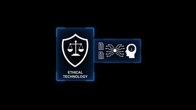 Ethical Technology Concept with Scale Shield and Circuit Brain Symbols on Black Background circuit board