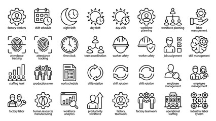 Factory Workforce Line Icons � Shift Work, Manufacturing Labor Management Outline Vector Set