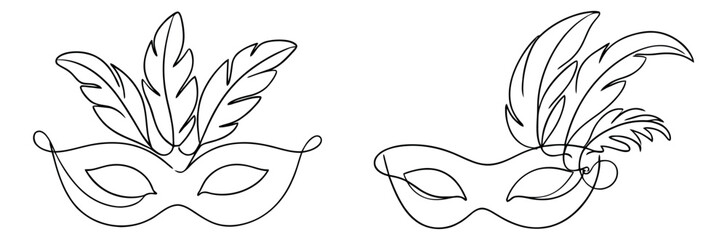 Fototapeta premium Continuous line art masquerade mask set featuring decorative feathers for festive events