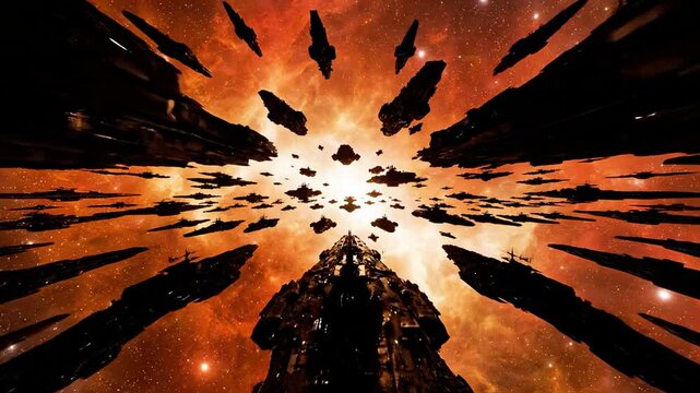 A dark and ominous depiction of spaceships silhouetted against a vibrant, orange-hued explosion in space