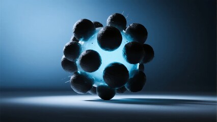 A glowing molecular structure composed of spherical elements, illuminated from within against a dark background.
