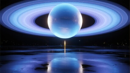 A serene reflection of a ringed planet with glowing blue hues over a calm water surface at night