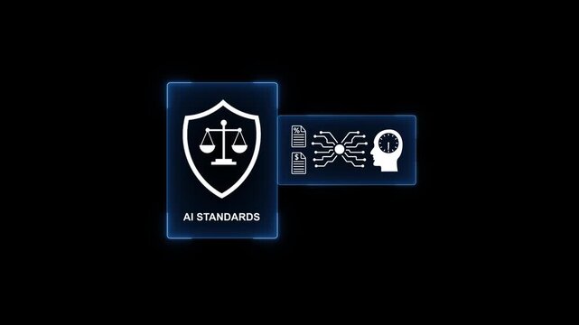 A I standards concept with shield and scale representing ethics and regulations in artificial intelligence technology and machine learning