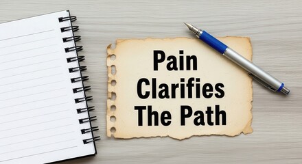 Inspirational Quote 'Pain Clarifies The Path' Written on Torn Paper with Pen and Notepad