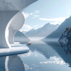 Minimalist building curves into a serene lake view framed by misty mountains on a bright, cloud-strewn day