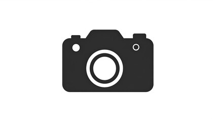 Minimalist dark gray camera icon with a circular lens on a clean white background, centered in the frame