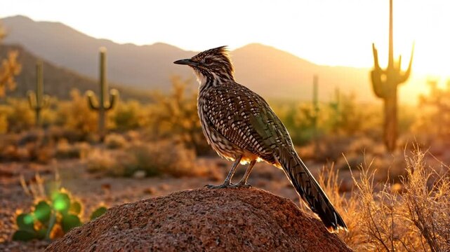 Greater roadrunner bird perched on a rock in the desert landscape with beautiful sunset backdrop