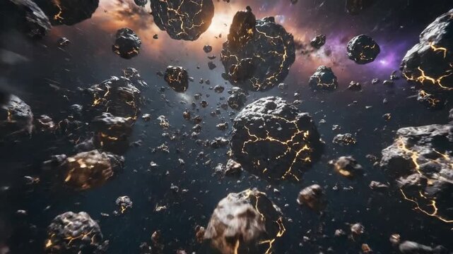 Abstract cosmic scene featuring numerous dark asteroids with glowing cracks, creating a dynamic space environment.