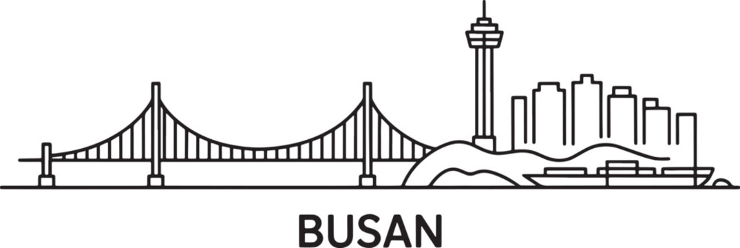 Busan south korea skyline vector city outline illustration panoramic architecture landmark drawing bridge view