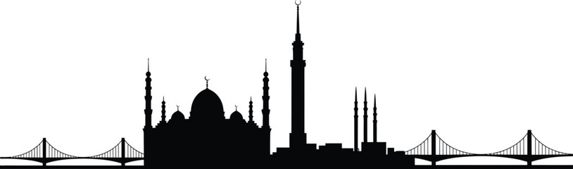 Fototapeta premium Islamic city skyline silhouette with mosques minarets and modern skyscrapers