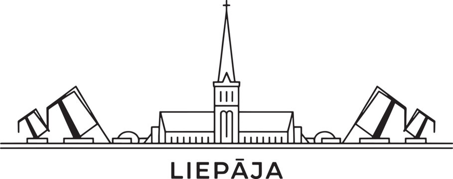 Liepaja latvia cityscape vector skyline outline featuring saint anna cathedral and unique industrial structures