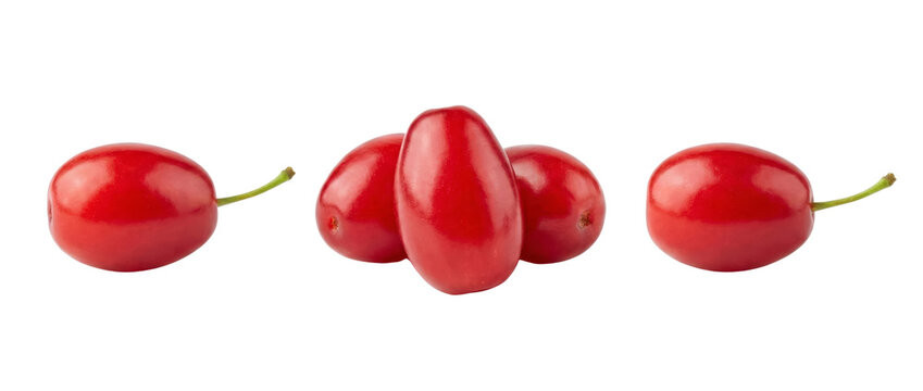 Ripe Red Cornelian Cherries Isolated on White Background