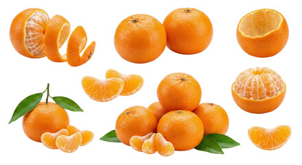 Fresh Tangerines Collection: Whole, Peeled, Sliced, and Zest on White Background