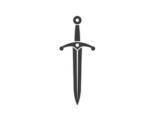Minimalist, grey sword, symmetrical shape, pointed tip, round pommel, centered on a clean white background