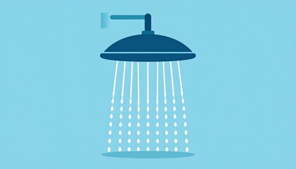 Minimalist illustration of a blue shower head with water droplets against a solid light blue backdrop