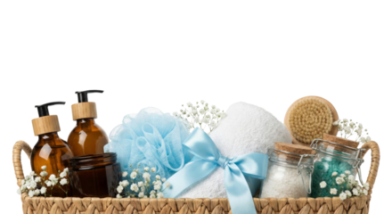 Spa Gift Basket with Bath Products, Towel, and Flowers - Isolated