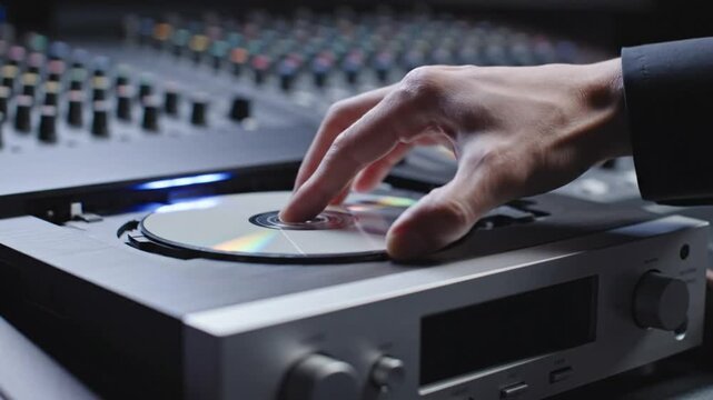Hand removing a compact disc from an audio player in a recording studio setting with a mixing console.
