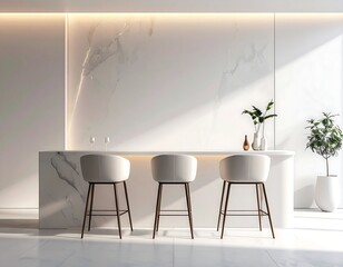 Minimalist interior features white stools, marble-patterned countertop, and plants, bathed in sunlight