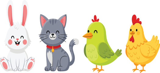 Naklejka premium Adorable Vector Illustration Set Featuring Cute Cartoon Rabbit Grey Cat Green Bird and Yellow Hen for Children Design.