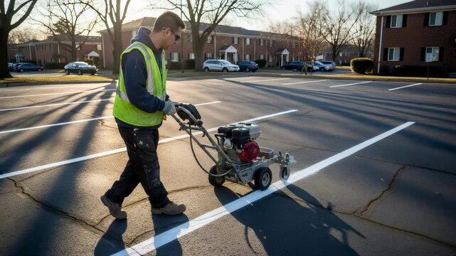 Worker using line striping machine to paint parking lot lines for apartment building maintenance.