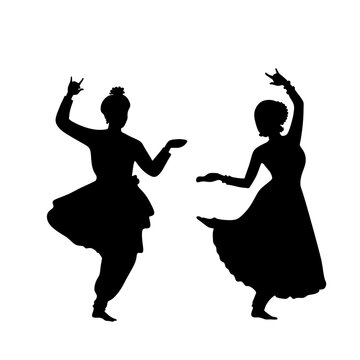 Silhouette of two Indian classical dancers performing traditional dance movements isolated on white background.