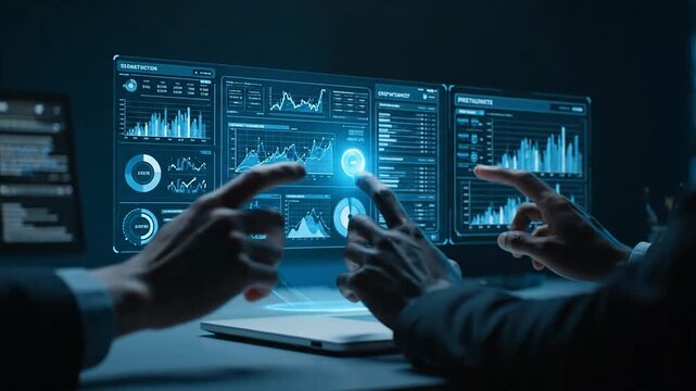 Focused analyst gestures at a large computer screen displaying three sections of blue and white 3D graphs while a white notepad lies open on the dark desk, captured from a side viewpoint