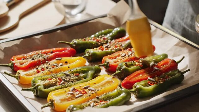Chef basting seasoned colorful peppers with oil using a brush on a baking sheet for delicious cooking