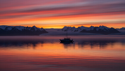 Obraz premium Solitary boat anchored in a calm fjord during a vibrant sunset